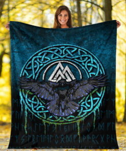 Viking Blanket Valhalla Norse Mythology Raven Black Crow Viking Cyan Version Sherpa Fleece Blanket Gifts for Viking Lovers