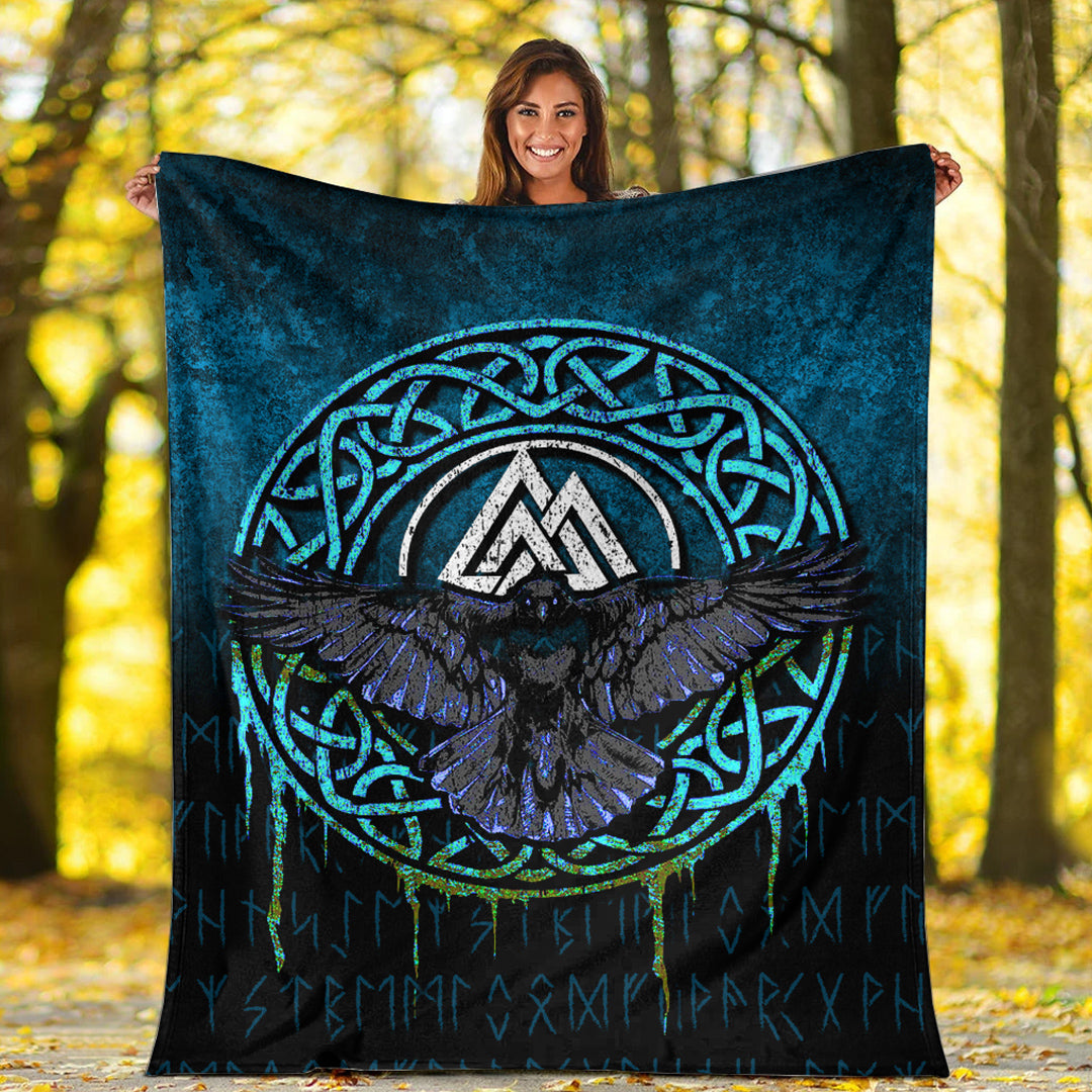 Viking Blanket Valhalla Norse Mythology Raven Black Crow Viking Cyan Version Sherpa Fleece Blanket Gifts for Viking Lovers
