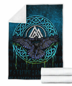 Viking Blanket Valhalla Norse Mythology Raven Black Crow Viking Cyan Version Sherpa Fleece Blanket Gifts for Viking Lovers