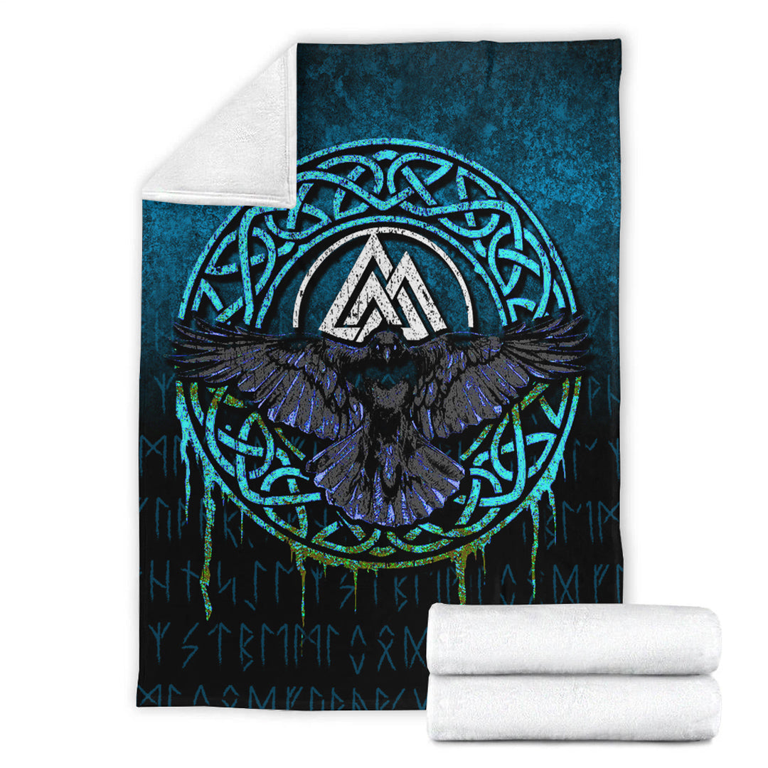 Viking Blanket Valhalla Norse Mythology Raven Black Crow Viking Cyan Version Sherpa Fleece Blanket Gifts for Viking Lovers