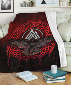 Viking Blanket Valhalla Norse Mythology Raven Black Crow Viking Red Version Sherpa Fleece Blanket Gifts for Viking Lovers