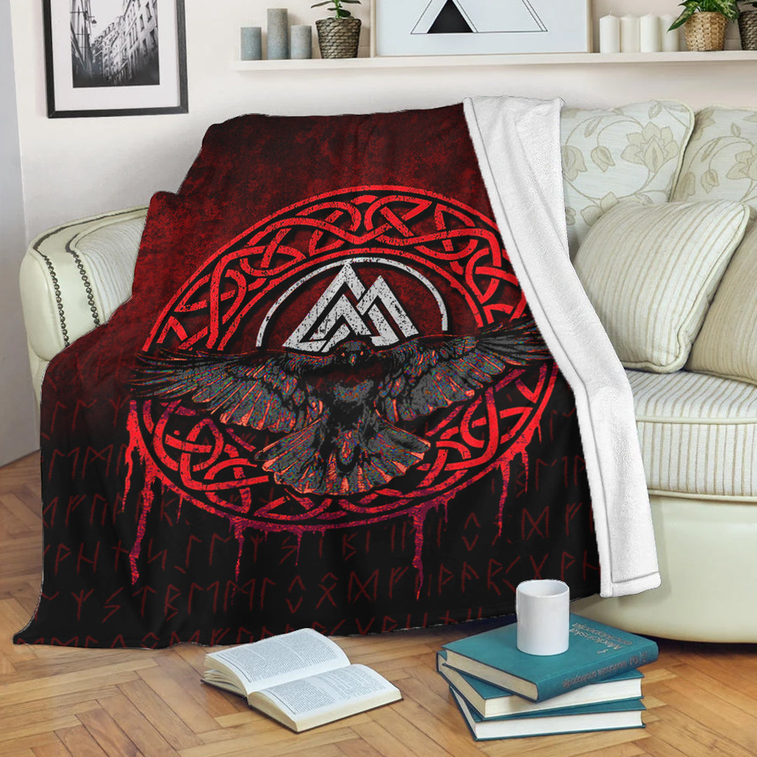 Viking Blanket Valhalla Norse Mythology Raven Black Crow Viking Red Version Sherpa Fleece Blanket Gifts for Viking Lovers