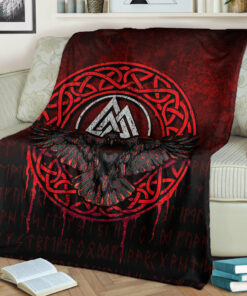 Viking Blanket Valhalla Norse Mythology Raven Black Crow Viking Red Version Sherpa Fleece Blanket Gifts for Viking Lovers