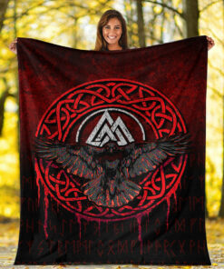 Viking Blanket Valhalla Norse Mythology Raven Black Crow Viking Red Version Sherpa Fleece Blanket Gifts for Viking Lovers