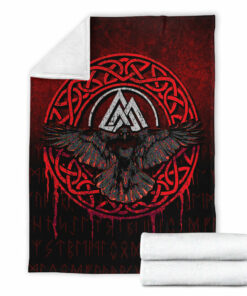 Viking Blanket Valhalla Norse Mythology Raven Black Crow Viking Red Version Sherpa Fleece Blanket Gifts for Viking Lovers