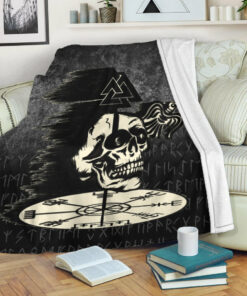 Viking Blanket Valhalla Skull Ravens Sherpa Fleece Blanket Gifts for Viking Lovers