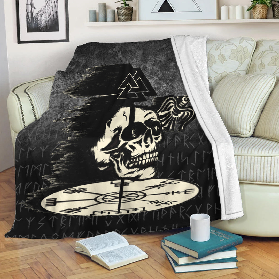Viking Blanket Valhalla Skull Ravens Sherpa Fleece Blanket Gifts for Viking Lovers