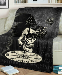 Viking Blanket Valhalla Skull Ravens Sherpa Fleece Blanket Gifts for Viking Lovers
