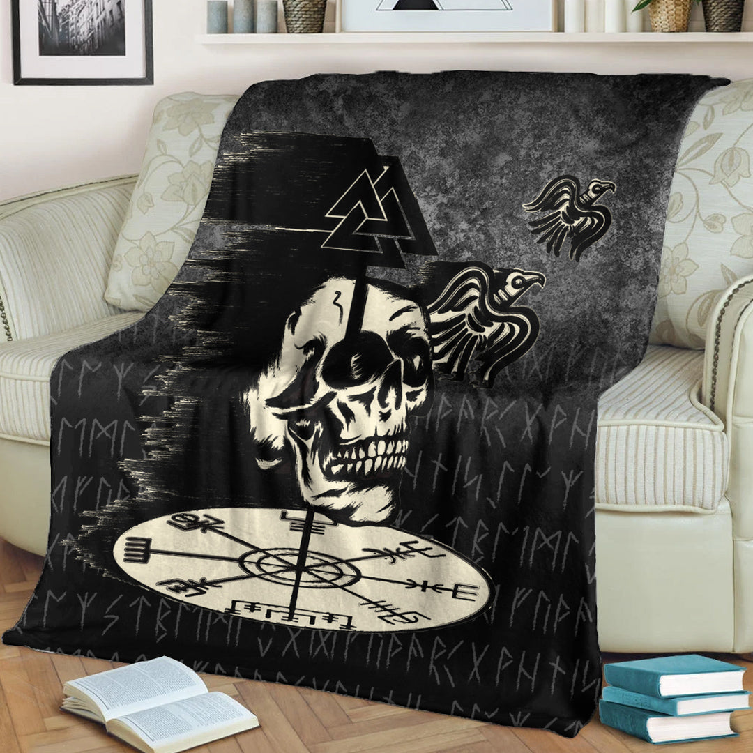 Viking Blanket Valhalla Skull Ravens Sherpa Fleece Blanket Gifts for Viking Lovers