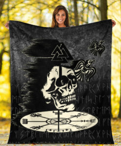 Viking Blanket Valhalla Skull Ravens Sherpa Fleece Blanket Gifts for Viking Lovers