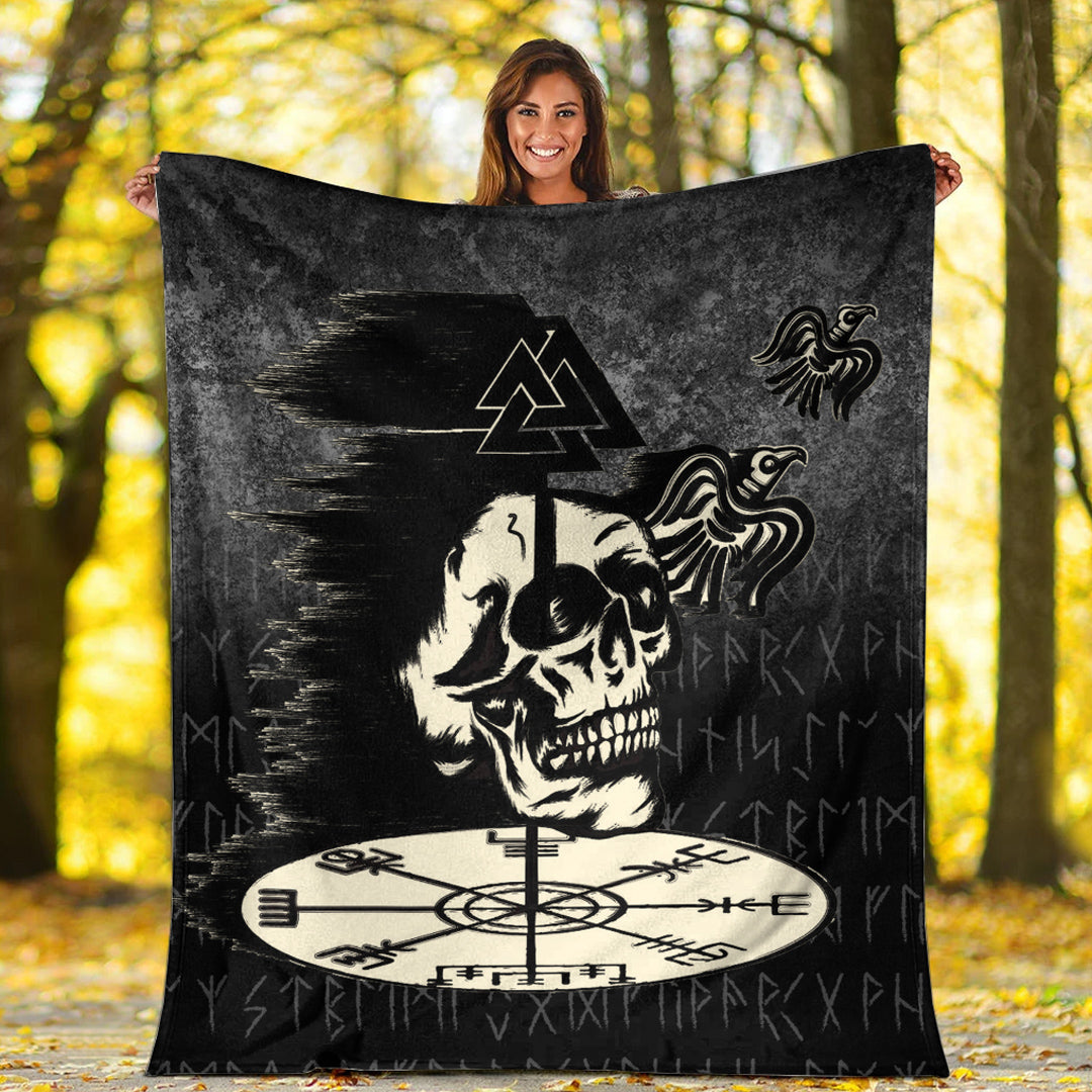 Viking Blanket Valhalla Skull Ravens Sherpa Fleece Blanket Gifts for Viking Lovers