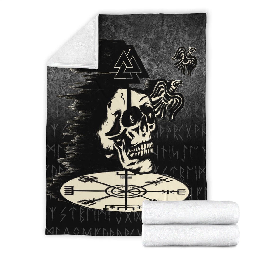 Viking Blanket Valhalla Skull Ravens Sherpa Fleece Blanket Gifts for Viking Lovers
