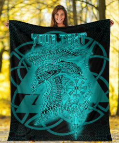 Viking Blanket Valknut Raven Turquoise Viking Homeset Sherpa Fleece Blanket Gifts for Viking Lovers