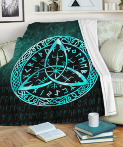 Viking Blanket Vegvisir Nordic Viking Rune Cyan Version Sherpa Fleece Blanket Gifts for Viking Lovers