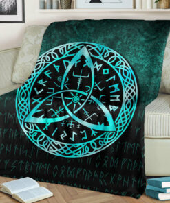 Viking Blanket Vegvisir Nordic Viking Rune Cyan Version Sherpa Fleece Blanket Gifts for Viking Lovers