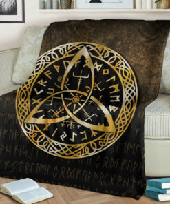 Viking Blanket Vegvisir Nordic Viking Rune Gold Version Sherpa Fleece Blanket Gifts for Viking Lovers