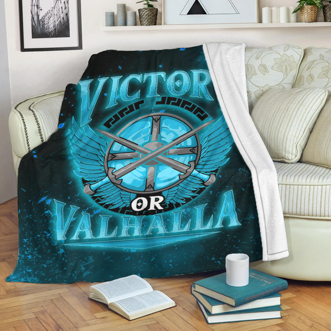 Viking Blanket Victory Or Valhalla Cyan Style Sherpa Fleece Blanket Gifts for Viking Lovers
