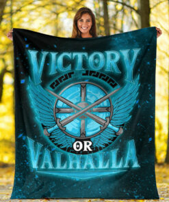 Viking Blanket Victory Or Valhalla Cyan Style Sherpa Fleece Blanket Gifts for Viking Lovers