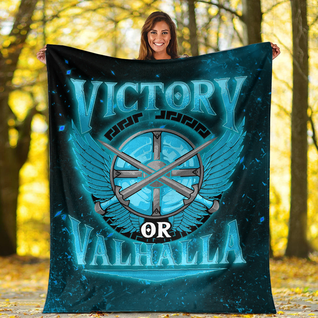 Viking Blanket Victory Or Valhalla Cyan Style Sherpa Fleece Blanket Gifts for Viking Lovers