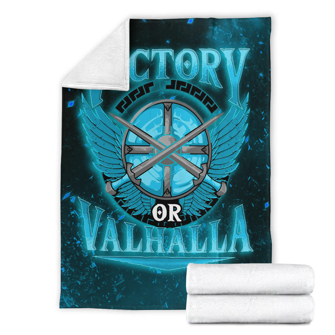 Viking Blanket Victory Or Valhalla Cyan Style Sherpa Fleece Blanket Gifts for Viking Lovers