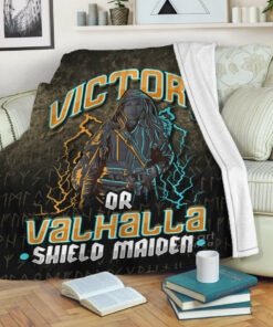Viking Blanket Victory Or Valhalla Shield Maiden Female Viking Sherpa Fleece Blanket Gifts for Viking Lovers