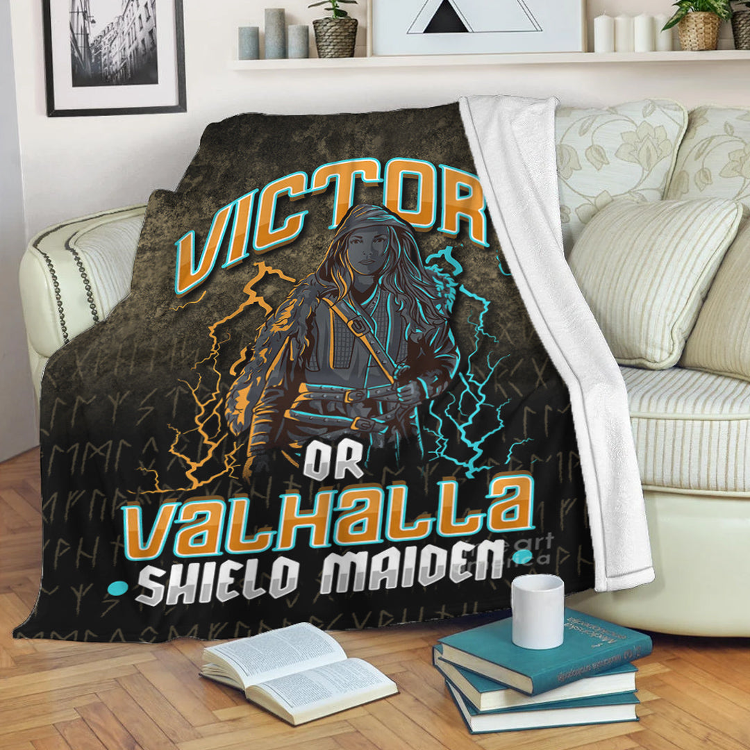 Viking Blanket Victory Or Valhalla Shield Maiden Female Viking Sherpa Fleece Blanket Gifts for Viking Lovers