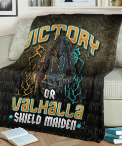 Viking Blanket Victory Or Valhalla Shield Maiden Female Viking Sherpa Fleece Blanket Gifts for Viking Lovers
