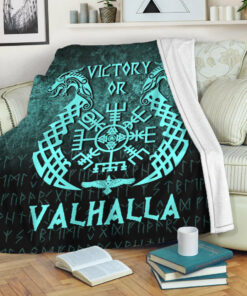 Viking Blanket Victory or Valhalla Cyan Version Sherpa Fleece Blanket Gifts for Viking Lovers