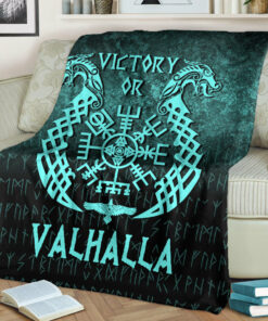 Viking Blanket Victory or Valhalla Cyan Version Sherpa Fleece Blanket Gifts for Viking Lovers