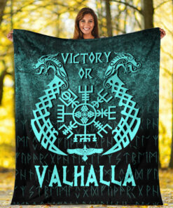 Viking Blanket Victory or Valhalla Cyan Version Sherpa Fleece Blanket Gifts for Viking Lovers