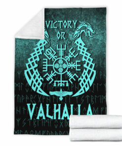 Viking Blanket Victory or Valhalla Cyan Version Sherpa Fleece Blanket Gifts for Viking Lovers