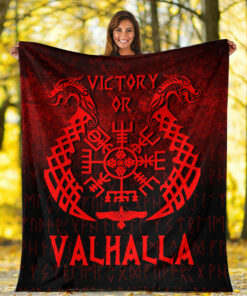 Viking Blanket Victory or Valhalla Red Version Sherpa Fleece Blanket Gifts for Viking Lovers