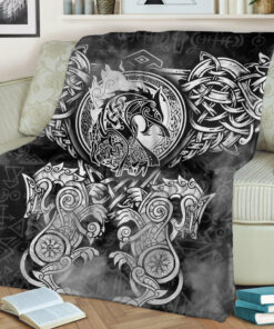 Viking Blanket Viking Dragon and Wolf Tattoo Sherpa Fleece Blanket Gifts for Viking Lovers