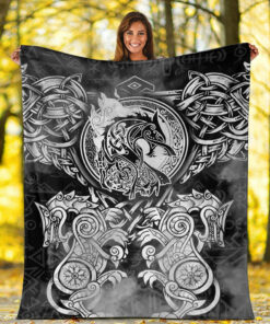 Viking Blanket Viking Dragon and Wolf Tattoo Sherpa Fleece Blanket Gifts for Viking Lovers