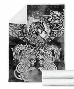 Viking Blanket Viking Dragon and Wolf Tattoo Sherpa Fleece Blanket Gifts for Viking Lovers