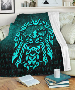 Viking Blanket Viking God Odin Allfather In Asgard Raven God Cyan Version Sherpa Fleece Blanket Gifts for Viking Lovers