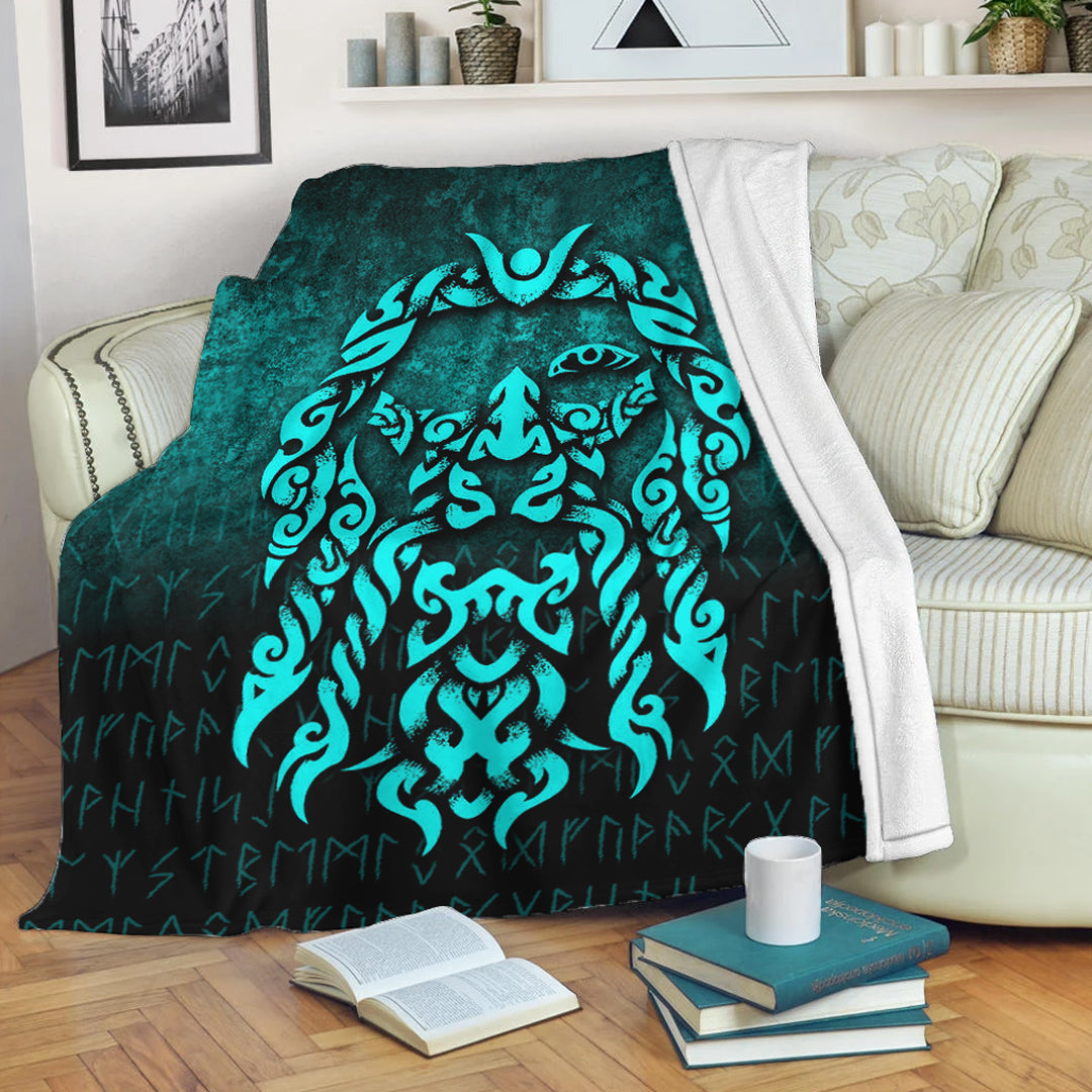 Viking Blanket Viking God Odin Allfather In Asgard Raven God Cyan Version Sherpa Fleece Blanket Gifts for Viking Lovers