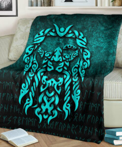 Viking Blanket Viking God Odin Allfather In Asgard Raven God Cyan Version Sherpa Fleece Blanket Gifts for Viking Lovers