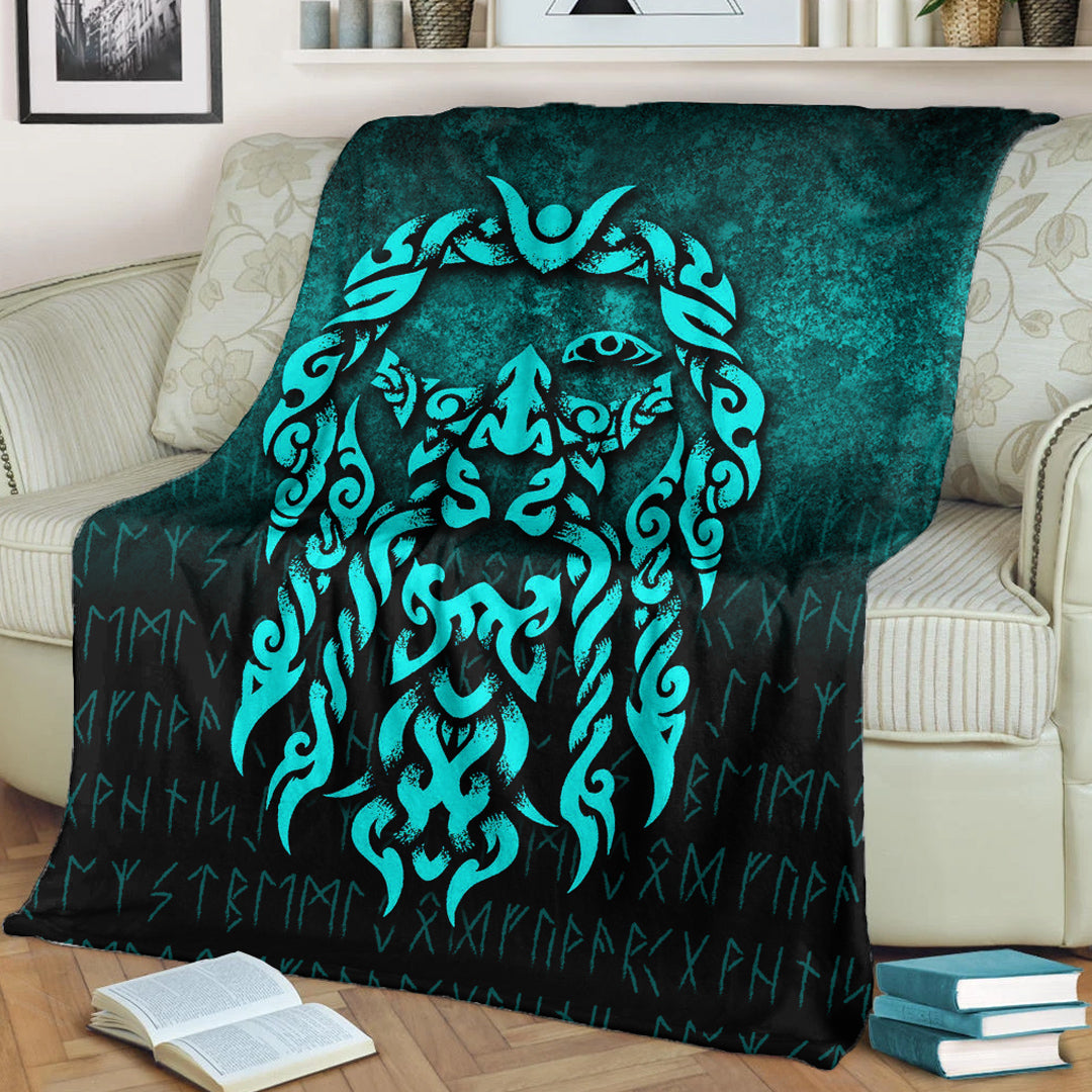 Viking Blanket Viking God Odin Allfather In Asgard Raven God Cyan Version Sherpa Fleece Blanket Gifts for Viking Lovers