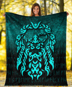 Viking Blanket Viking God Odin Allfather In Asgard Raven God Cyan Version Sherpa Fleece Blanket Gifts for Viking Lovers