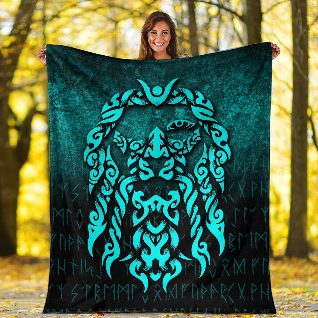 Viking Blanket Viking God Odin Allfather In Asgard Raven God Cyan Version Sherpa Fleece Blanket Gifts for Viking Lovers