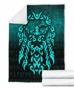 Viking Blanket Viking God Odin Allfather In Asgard Raven God Cyan Version Sherpa Fleece Blanket Gifts for Viking Lovers