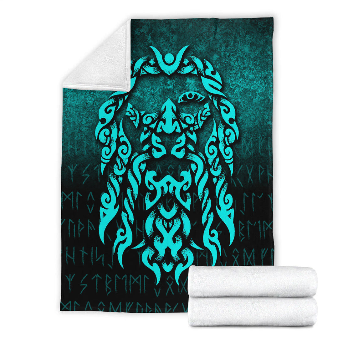 Viking Blanket Viking God Odin Allfather In Asgard Raven God Cyan Version Sherpa Fleece Blanket Gifts for Viking Lovers