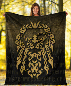 Viking Blanket Viking God Odin Allfather In Asgard Raven God Gold Version Sherpa Fleece Blanket Gifts for Viking Lovers