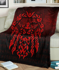 Viking Blanket Viking God Odin Allfather In Asgard Raven God Red Version Sherpa Fleece Blanket Gifts for Viking Lovers