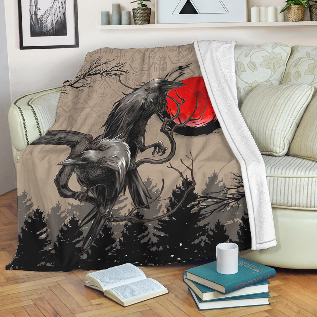 Viking Blanket Viking Huginn and Muninn Raven on Tree Branch and Blood Moon Sherpa Fleece Blanket Gifts for Viking Lovers