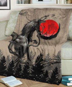 Viking Blanket Viking Huginn and Muninn Raven on Tree Branch and Blood Moon Sherpa Fleece Blanket Gifts for Viking Lovers
