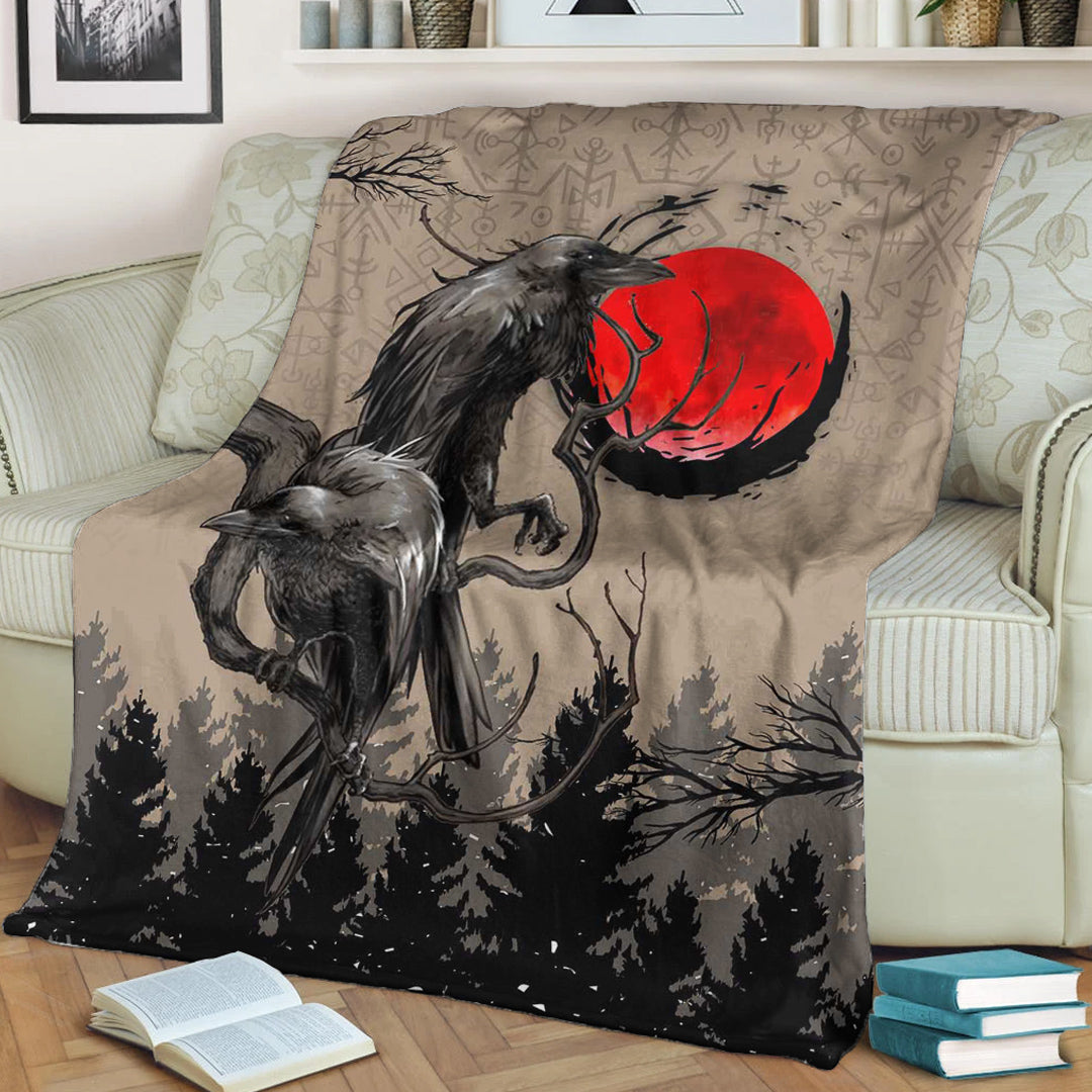 Viking Blanket Viking Huginn and Muninn Raven on Tree Branch and Blood Moon Sherpa Fleece Blanket Gifts for Viking Lovers