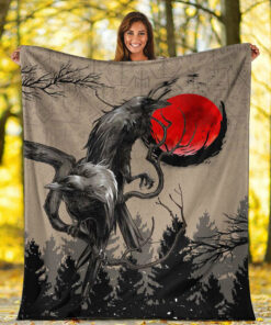 Viking Blanket Viking Huginn and Muninn Raven on Tree Branch and Blood Moon Sherpa Fleece Blanket Gifts for Viking Lovers