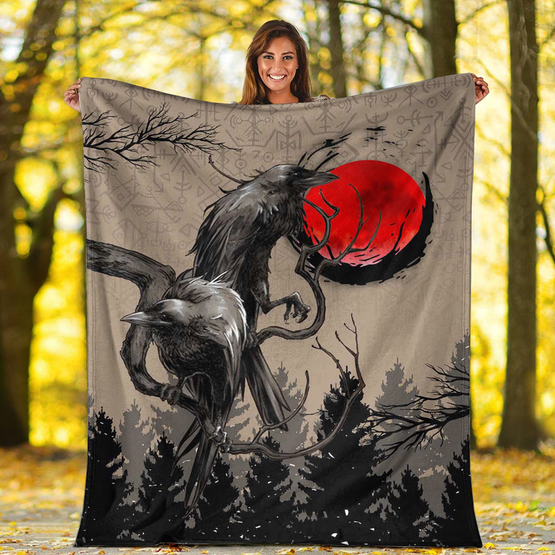 Viking Blanket Viking Huginn and Muninn Raven on Tree Branch and Blood Moon Sherpa Fleece Blanket Gifts for Viking Lovers
